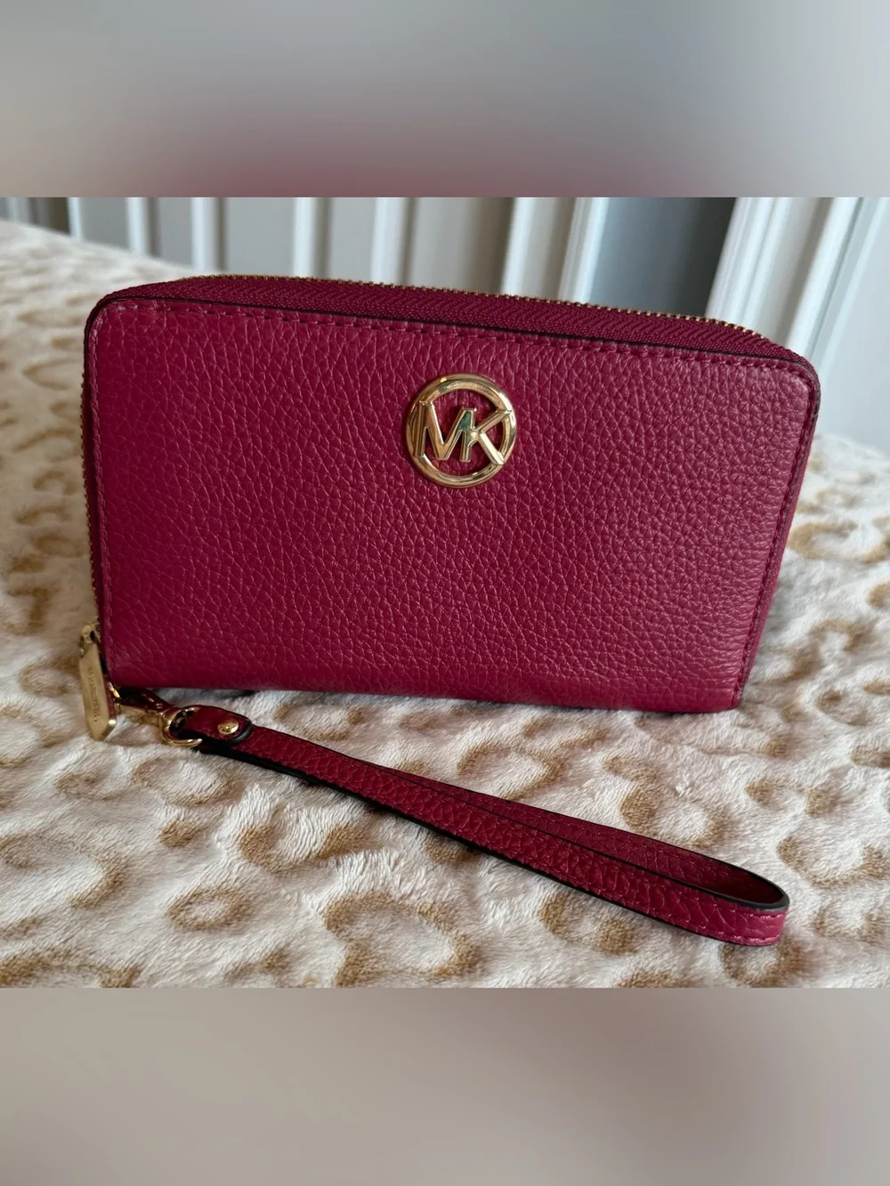 Michael Kors Leather Wallet Wristlet in Berry with Gold MK